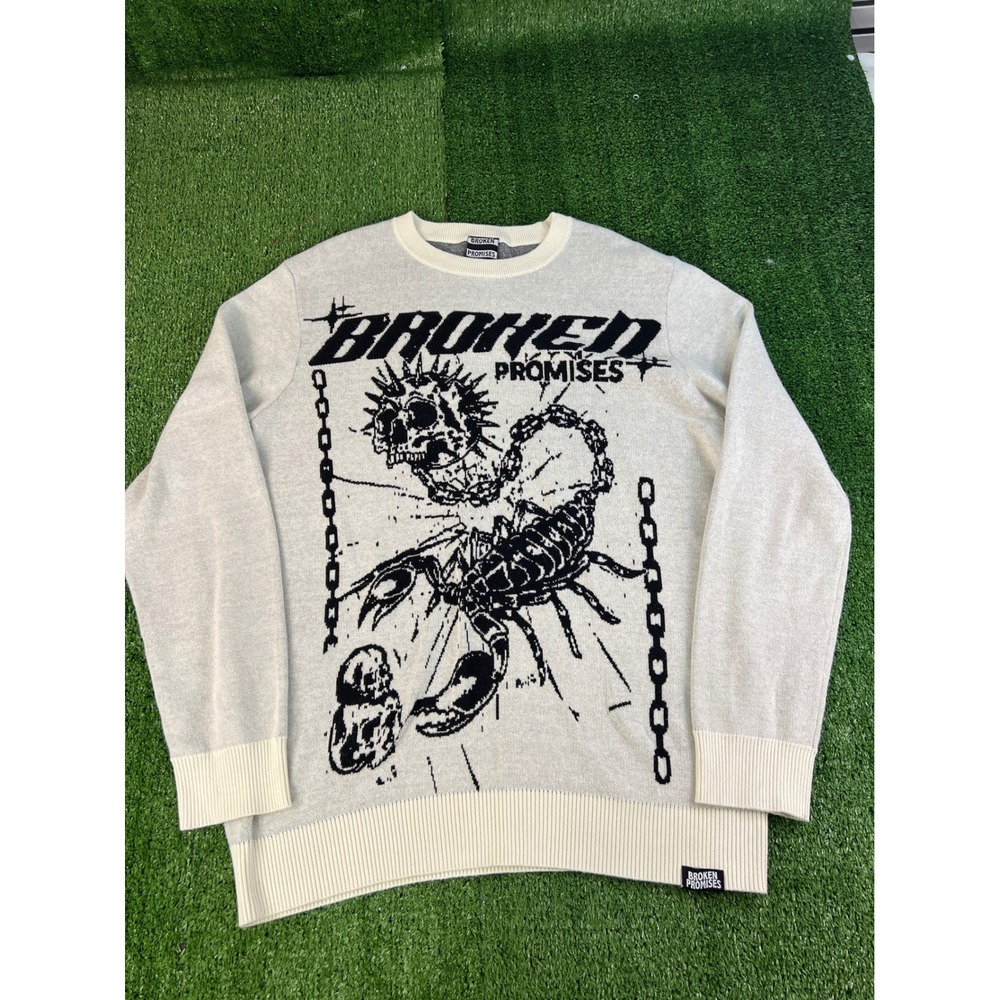 Broken‎ Promises Mens Scorpion Skull Graphic Knit Sweater Grey Black Medium